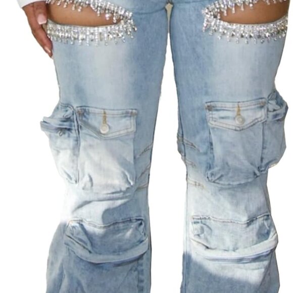 Sparkly High Waisted Rhinestone Cargo Jeans - Distressed & Trendy Style, Medium - Picture 1 of 6